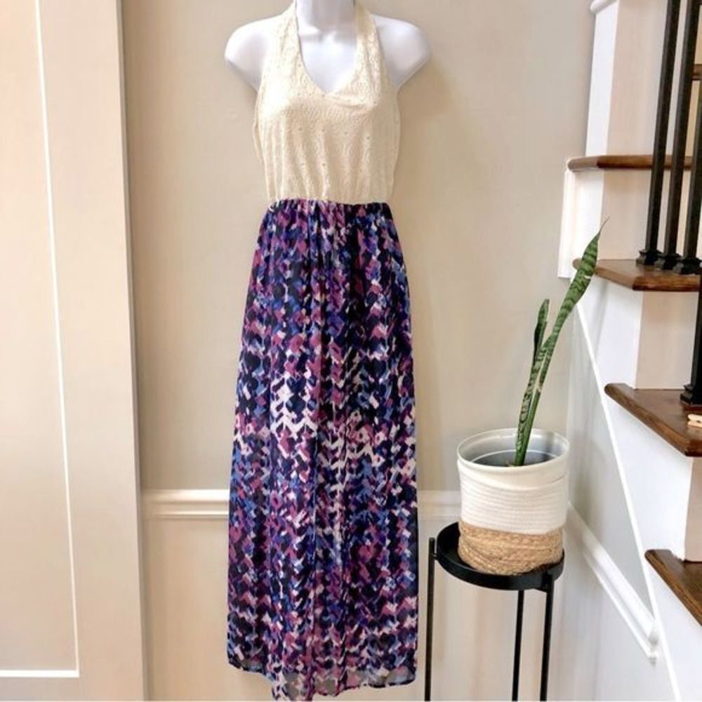 Lily Rose blue pink purple floral crochet top tie neck maxi dress woman’s size M